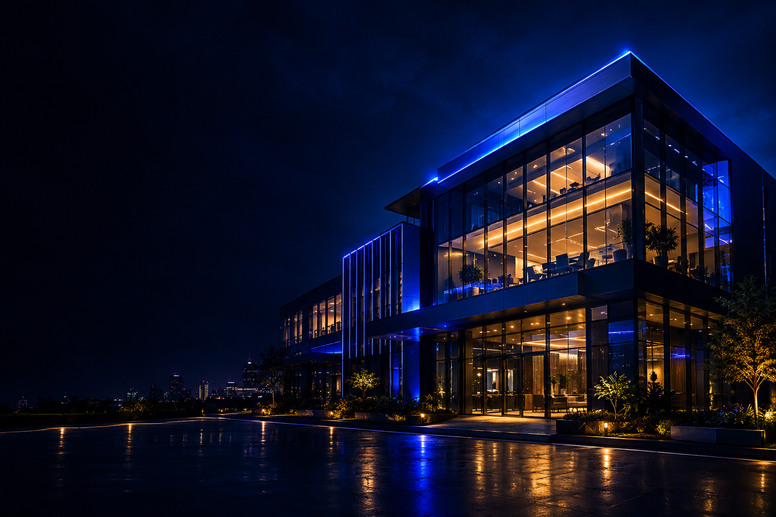 Modern glass office building illuminated with blue and warm lights at night